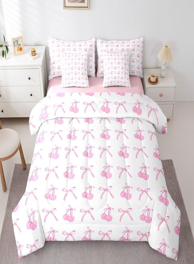 Man Fei 7 Pieces Cherry Bowknot Kid Comforter Set Twin,Pink Bow Tie Butterfly Knot Princess Bedding Set,Cartoon Bow Patchwork Dreamy Sweet（Comforter+Fitted+Flat Sheet+2 Pillowcases+2 Throw Pillow Covers） - Image 3