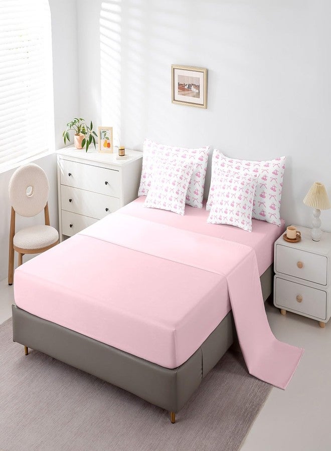 Man Fei 7 Pieces Cherry Bowknot Kid Comforter Set Twin,Pink Bow Tie Butterfly Knot Princess Bedding Set,Cartoon Bow Patchwork Dreamy Sweet（Comforter+Fitted+Flat Sheet+2 Pillowcases+2 Throw Pillow Covers） - Image 4