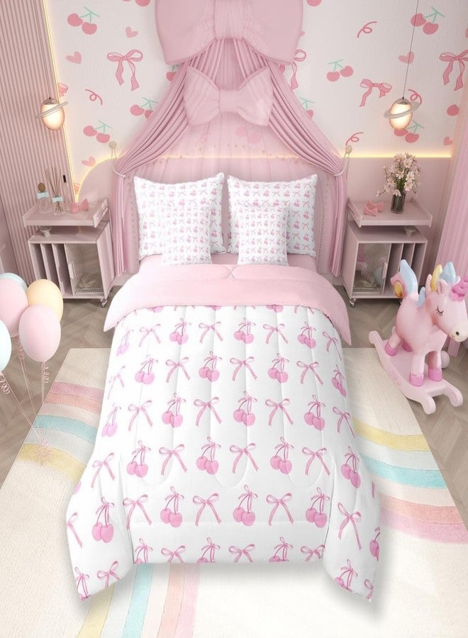 Man Fei 7 Pieces Cherry Bowknot Kid Comforter Set Twin,Pink Bow Tie Butterfly Knot Princess Bedding Set,Cartoon Bow Patchwork Dreamy Sweet（Comforter+Fitted+Flat Sheet+2 Pillowcases+2 Throw Pillow Covers） - Image 1