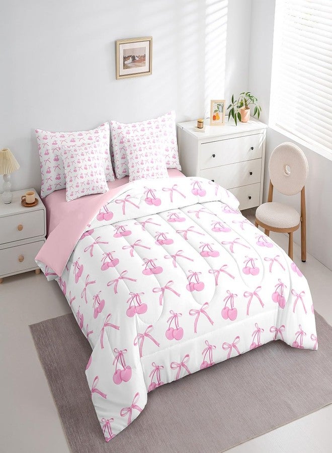 Man Fei 7 Pieces Cherry Bowknot Kid Comforter Set Twin,Pink Bow Tie Butterfly Knot Princess Bedding Set,Cartoon Bow Patchwork Dreamy Sweet（Comforter+Fitted+Flat Sheet+2 Pillowcases+2 Throw Pillow Covers） - Image 2