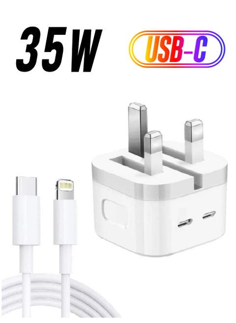 Original 35W USB-C Power Adapter For iPhone 14 13 12 11 Pro Max 14 Plus XS XR XS Max iPad Pro Macbook Dual Type C Port PD Fast Charging UK Plug Wall Charger