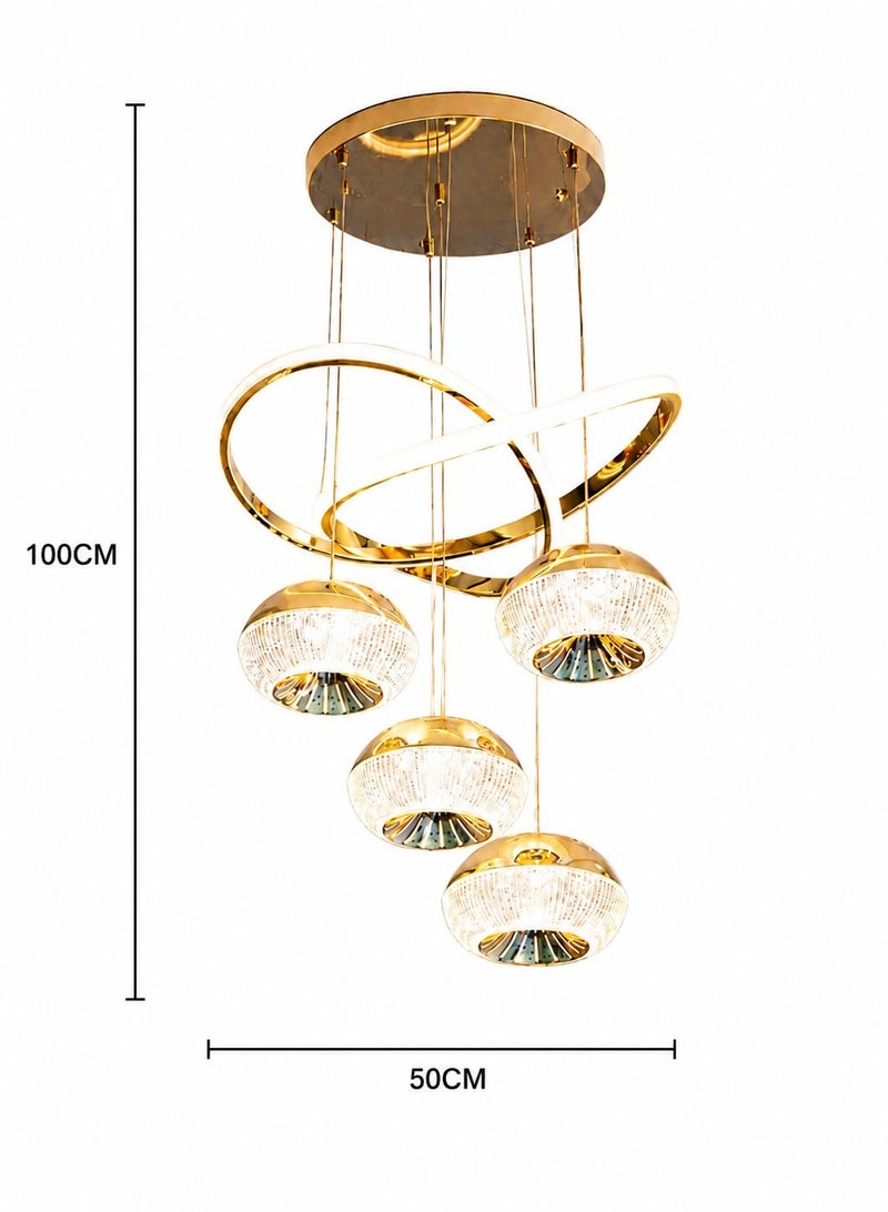 الثريات ثريا سقف LED فاخرة ذهبية 50 سم – 4 كرات مع حلقات متقاطعة بتصميم عصري حديث، نجفة عصرية مع ريموت كنترول للصالة وغرفة الطعام - Image 4