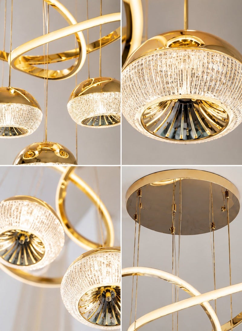 الثريات ثريا سقف LED فاخرة ذهبية 50 سم – 4 كرات مع حلقات متقاطعة بتصميم عصري حديث، نجفة عصرية مع ريموت كنترول للصالة وغرفة الطعام - Image 3