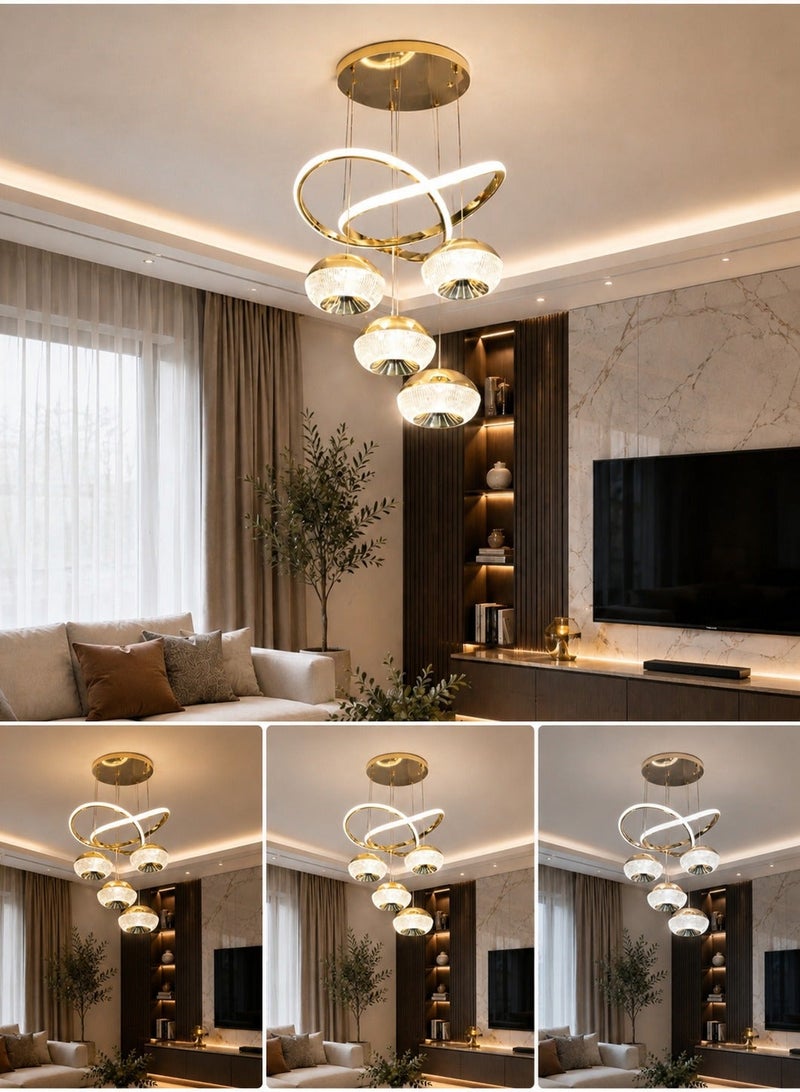 الثريات ثريا سقف LED فاخرة ذهبية 50 سم – 4 كرات مع حلقات متقاطعة بتصميم عصري حديث، نجفة عصرية مع ريموت كنترول للصالة وغرفة الطعام - Image 2