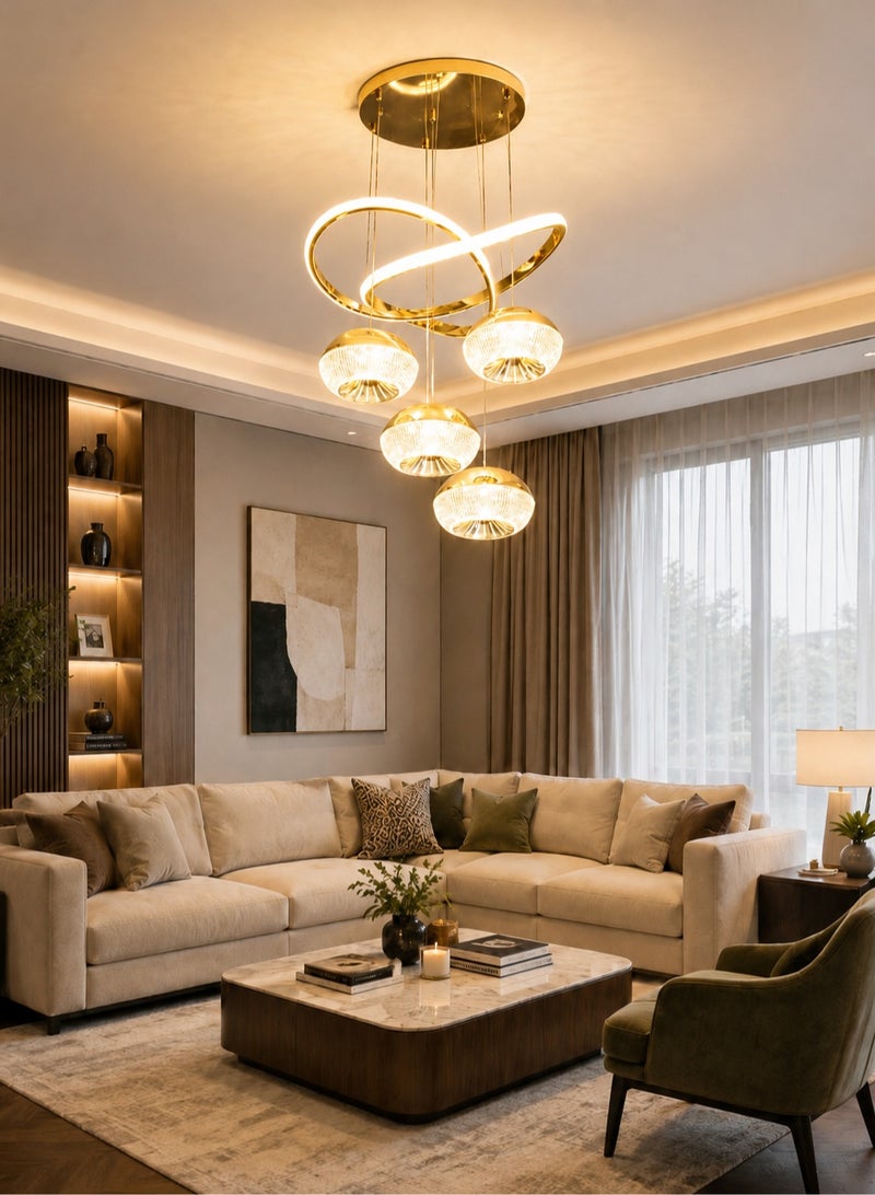 الثريات ثريا سقف LED فاخرة ذهبية 50 سم – 4 كرات مع حلقات متقاطعة بتصميم عصري حديث، نجفة عصرية مع ريموت كنترول للصالة وغرفة الطعام - Image 5