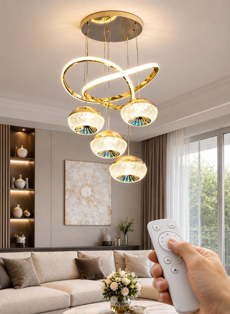 الثريات ثريا سقف LED فاخرة ذهبية 50 سم – 4 كرات مع حلقات متقاطعة بتصميم عصري حديث، نجفة عصرية مع ريموت كنترول للصالة وغرفة الطعام - Image 1
