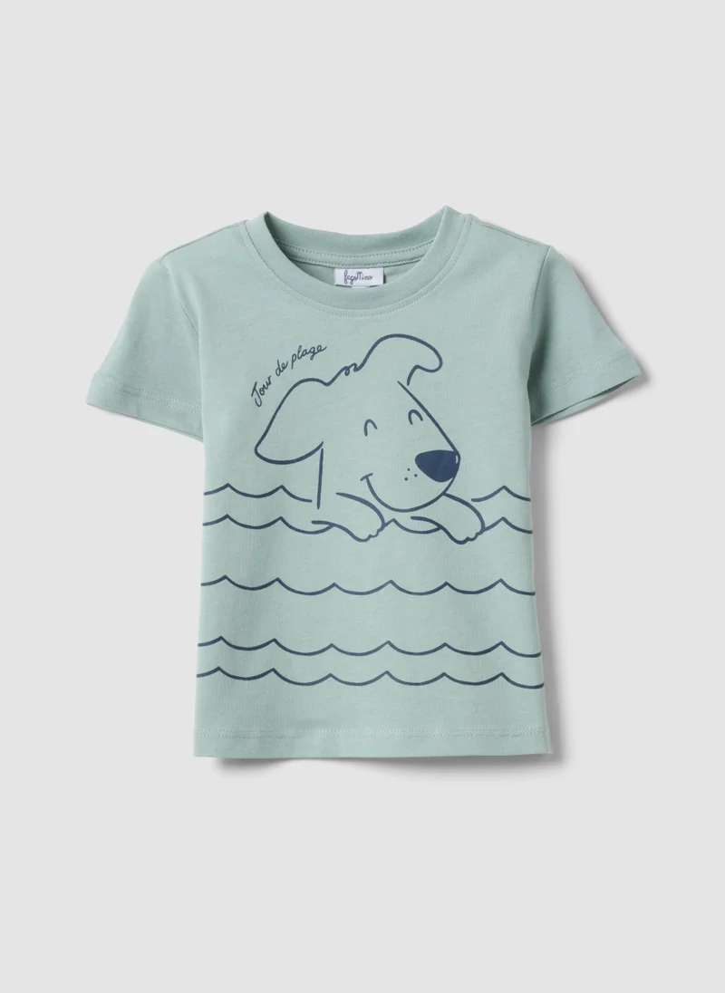 او في اس OVS Light Blue Pure Cotton Regular Fit T-Shirt For Kids With Dog Print