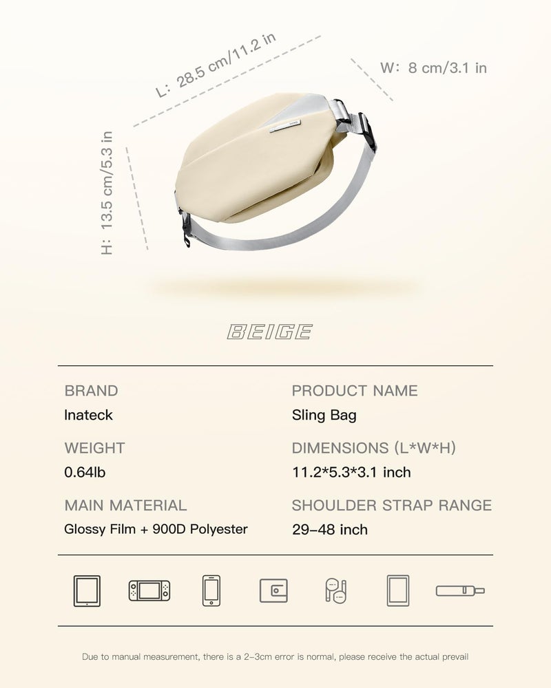 Inateck Sling Bag X, Multi-pocket Crossbody Shoulder Chest Bag with Adjustable Shoulder Strap, Water-resistant Waist Fanny Pack for Men, Women, Travel, Daily Use, Cycling, Hiking, Beige, Small - Image 2