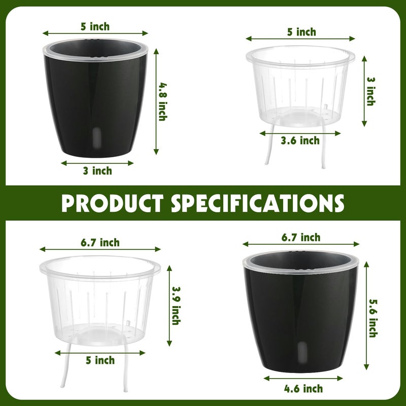 KvyusFlourish Self Watering Pots for Indoor Plants, 6-Pack 5'' Self Watering Planter with Drainage Holes, Small African Violet Pots with Water Indicator, Clear Wick Orchid Pot, Black - Image 3