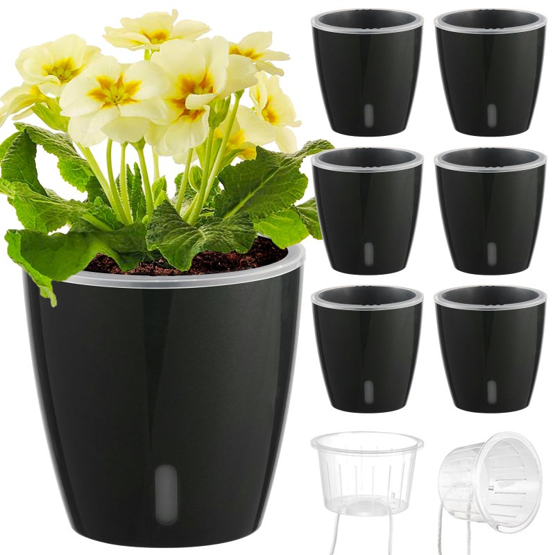 KvyusFlourish Self Watering Pots for Indoor Plants, 6-Pack 5'' Self Watering Planter with Drainage Holes, Small African Violet Pots with Water Indicator, Clear Wick Orchid Pot, Black - Image 1