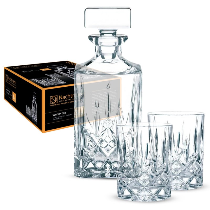 Nachtmann Noblesse 3Piece Crystal Whiskey Set  25oz Decanter with Stopper  104oz Tumblers Luxurious Glassware for Elegant Home Bars  Whiskey Enthusiasts  Modern Glass Collection