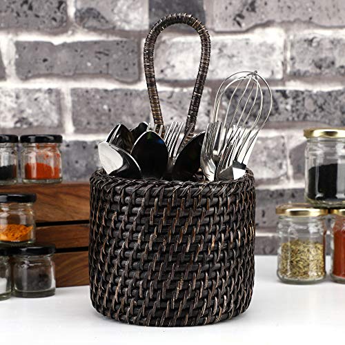 AKWAY Round Spoon Stand for Dining Table Chammach Stand | Remote Stand Holder | Wooden cutlery holder | Kitchen rack Café resto-bar tableware keeping spoons, knives,tv remote (Dark Brown) - Image 1