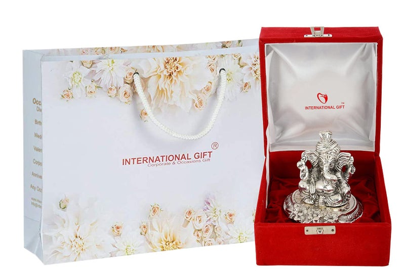 INTERNATIONAL GIFT® Silver Plated Pagdi Ganesha Idol Oxidized Finish with Luxury Velvet Box with Beautiful Carry Bag - Image 4