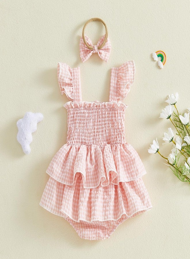 Douhoow Baby Girl Plaid Romper Flying Sleeve Ruffle Baby Dress Romper Infant Girl Summer Clothes with Headband (Pink, 3-6 Months) - Image 2