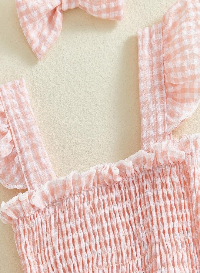 Douhoow Baby Girl Plaid Romper Flying Sleeve Ruffle Baby Dress Romper Infant Girl Summer Clothes with Headband (Pink, 3-6 Months) - Image 3