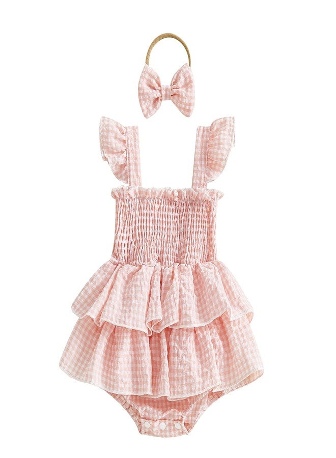Douhoow Baby Girl Plaid Romper Flying Sleeve Ruffle Baby Dress Romper Infant Girl Summer Clothes with Headband (Pink, 3-6 Months) - Image 1