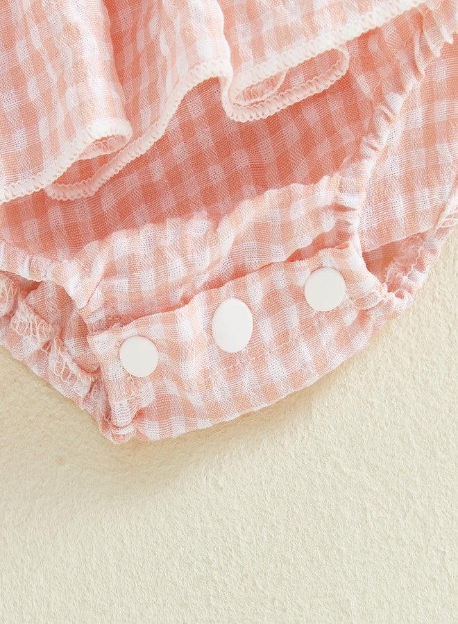 Douhoow Baby Girl Plaid Romper Flying Sleeve Ruffle Baby Dress Romper Infant Girl Summer Clothes with Headband (Pink, 3-6 Months) - Image 4