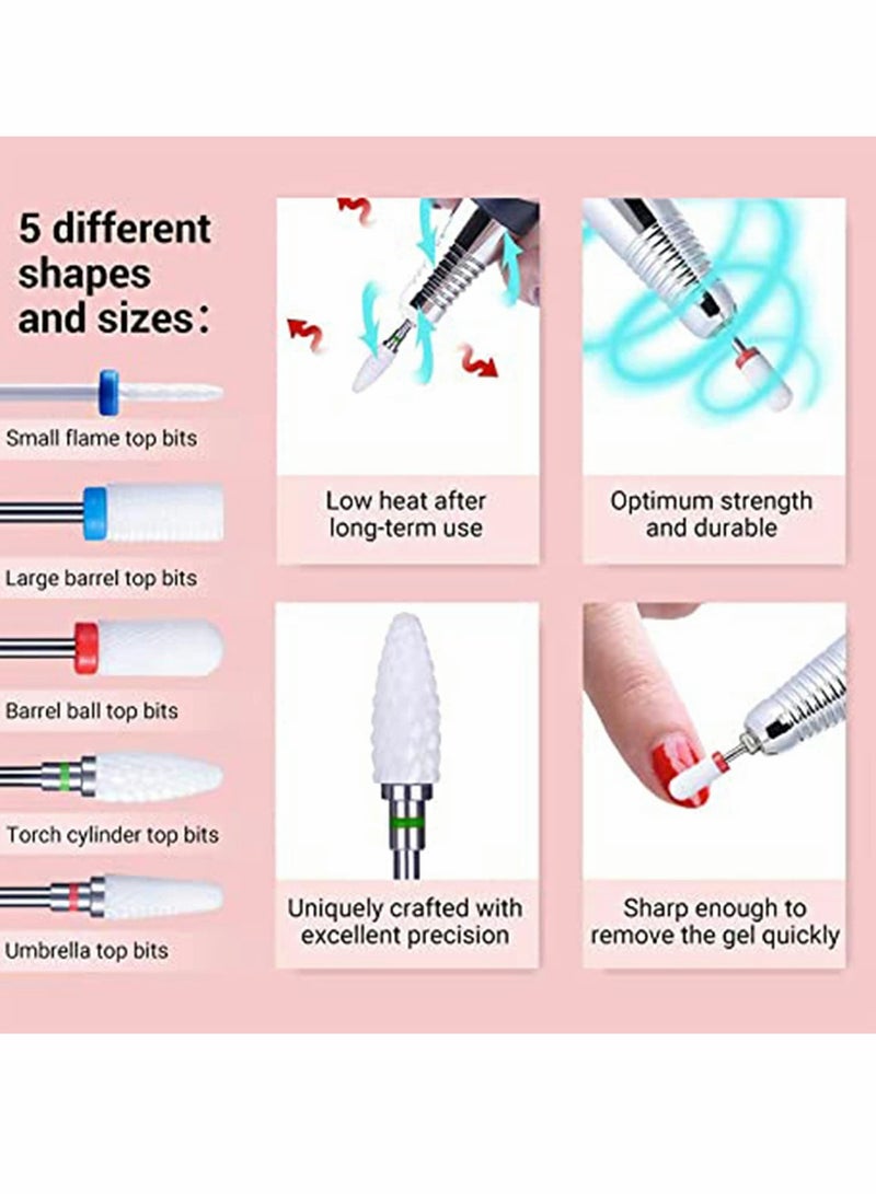 Ceramic Nail Drill Bits Set, 5Pcs 3/32'' Professional Acrylic Nail File Drill Bit for Remove Acrylic Gel Nails Cuticle Manicure Pedicure