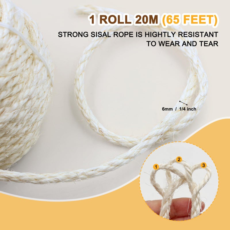Cymuber Sisal Rope for Cat Scratcher, Cymuber 6mm Cat Sisal Rope for Replace Scratching Post and Scratcher Repair, DIY Hemp Twine for Tree Tower Carpet Mat Kicker House Pet Toy and Crafts(65-Feet/20M) - Image 2