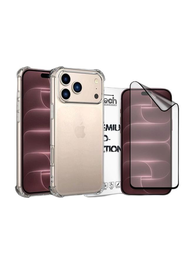 Wtech Apple iPhone 18 Pro 5G 2026 TPU Bumper Corners With Hard PC Case Cover (MCTPTN) - Clear & Apple iPhone 18 Pro 5G 2026 Premium Nano Ceramic Full Glue Full Cover Matte Flexible Screen Protector (MSCNMN) - Clear/Black Bundle - Image 1
