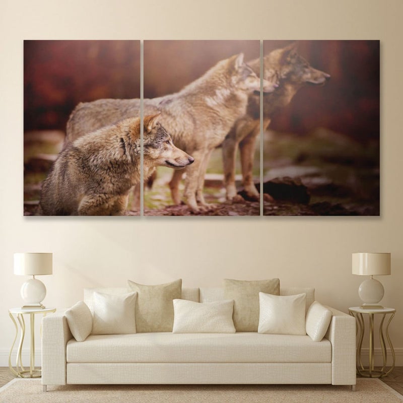 Marktna Three modern canvas paintings with a wolf pack design, with a hollow frame, measuring (150×70), three pieces - Image 1