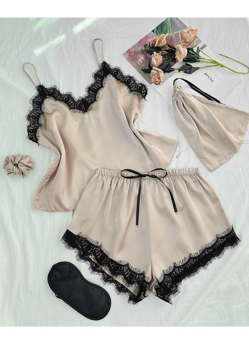 إسكدنيا Women's Imitation Silk Lace Stitching 5-Piece Set Nightgown Sleepwear Suspender Top,Shorts, Eyeshade,Storage Bag And Rubber Band Soft Loungewear Pajamas Suit Khaki 