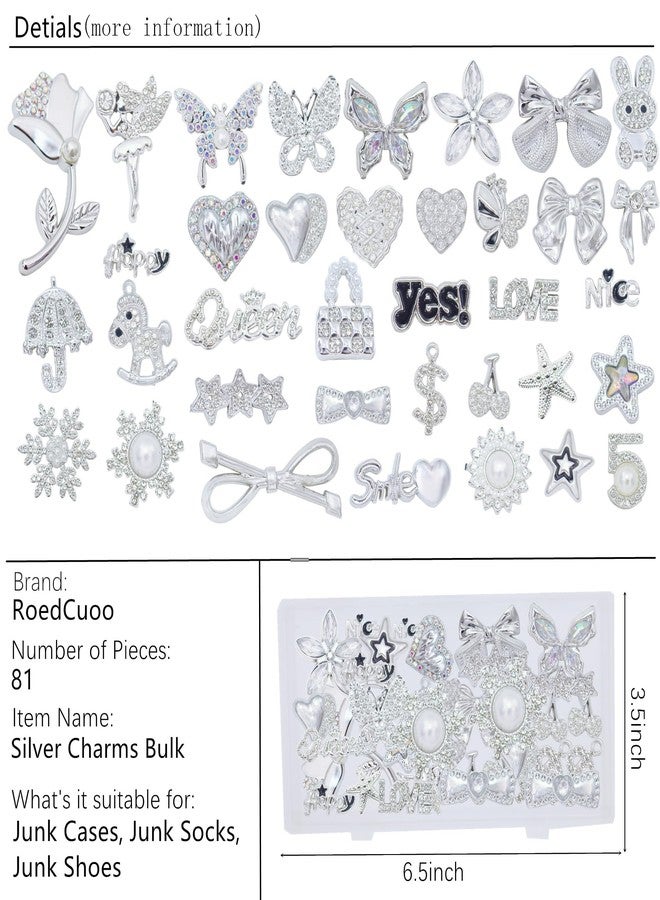 RoedCuoo 81Pcs Big Junk Charms Bulk,Bling Flat Back Charm for Junk Socks,Silver Rhinestone and Pearl Charms for Junk Phone Case,Hearts,Bows,Stars,Bunnies,and More Cute DIY Accessories for Decorating and - Image 2
