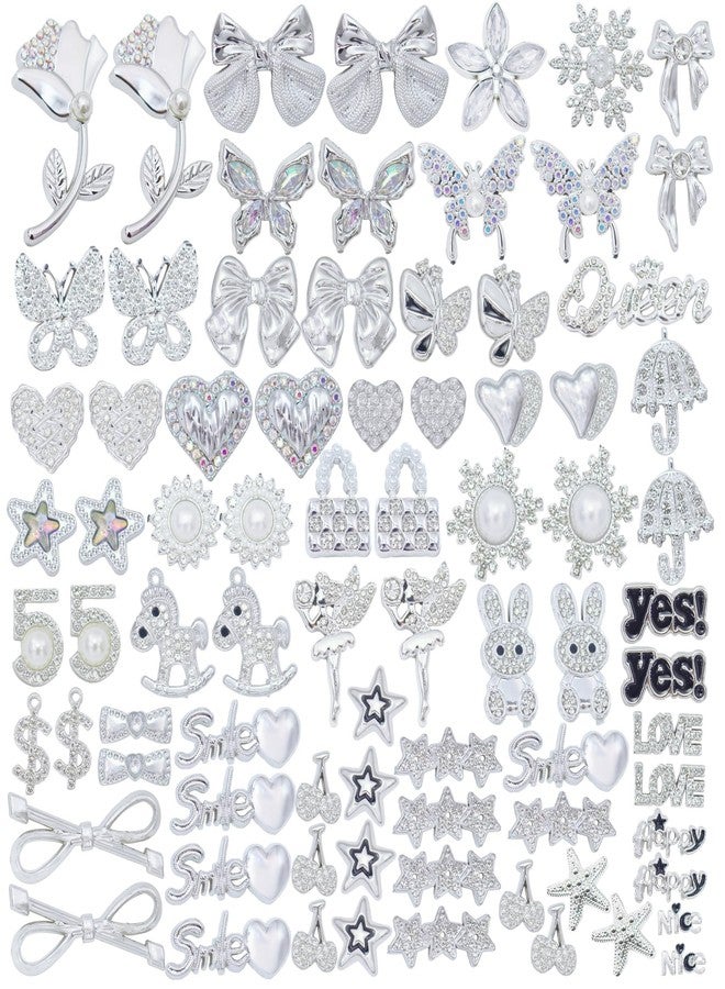 RoedCuoo 81Pcs Big Junk Charms Bulk,Bling Flat Back Charm for Junk Socks,Silver Rhinestone and Pearl Charms for Junk Phone Case,Hearts,Bows,Stars,Bunnies,and More Cute DIY Accessories for Decorating and - Image 1
