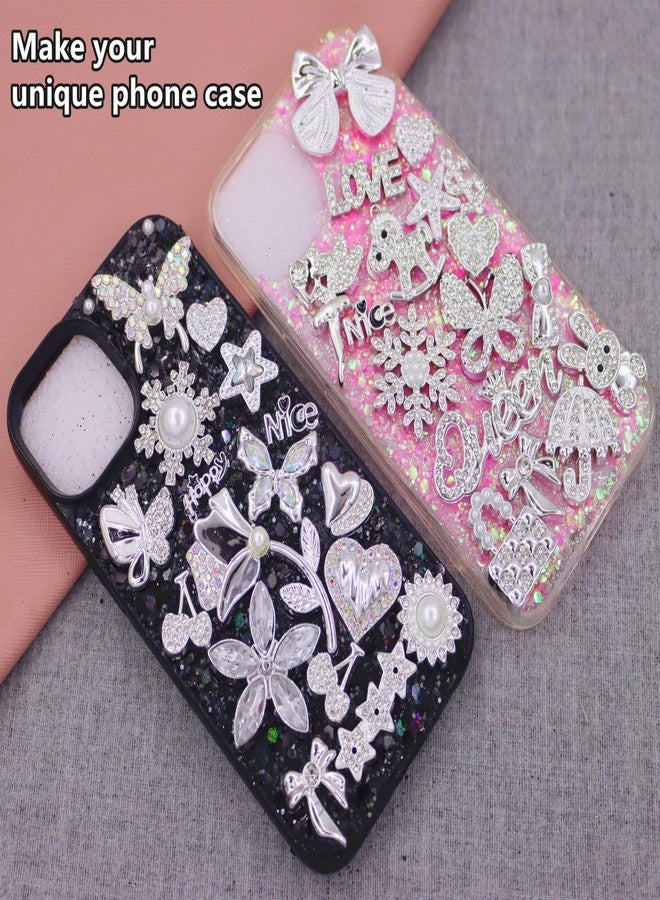 RoedCuoo 81Pcs Big Junk Charms Bulk,Bling Flat Back Charm for Junk Socks,Silver Rhinestone and Pearl Charms for Junk Phone Case,Hearts,Bows,Stars,Bunnies,and More Cute DIY Accessories for Decorating and - Image 3