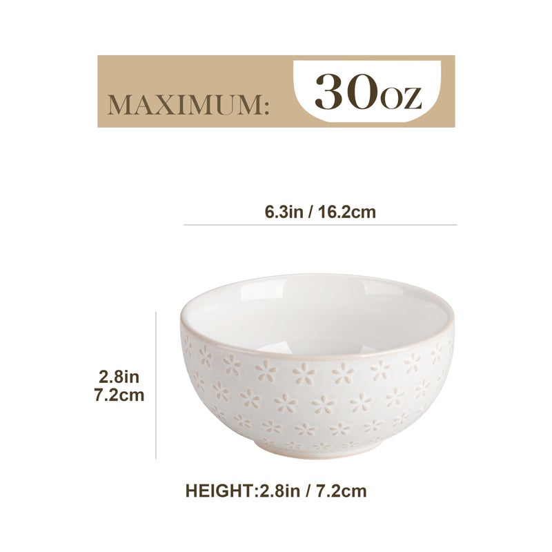 MALACASA Cereal Bowls, 30 Ounce Ceramic Soup Bowl for Kitchen, Stoneware Bowls Set of 4 with Embossment for Pho, Chip, Fruits, Salad, Noodle, Ramen - 6 Inch, Arctic White Series LYDIA - Image 2