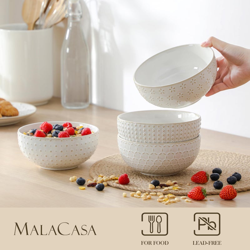 MALACASA Cereal Bowls, 30 Ounce Ceramic Soup Bowl for Kitchen, Stoneware Bowls Set of 4 with Embossment for Pho, Chip, Fruits, Salad, Noodle, Ramen - 6 Inch, Arctic White Series LYDIA - Image 3