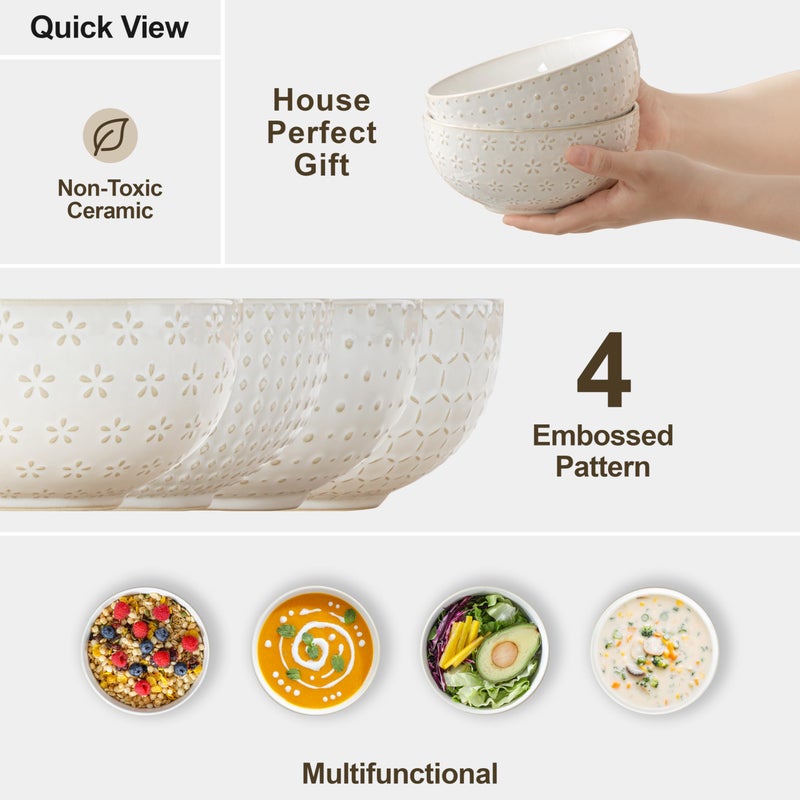 MALACASA Cereal Bowls, 30 Ounce Ceramic Soup Bowl for Kitchen, Stoneware Bowls Set of 4 with Embossment for Pho, Chip, Fruits, Salad, Noodle, Ramen - 6 Inch, Arctic White Series LYDIA - Image 5