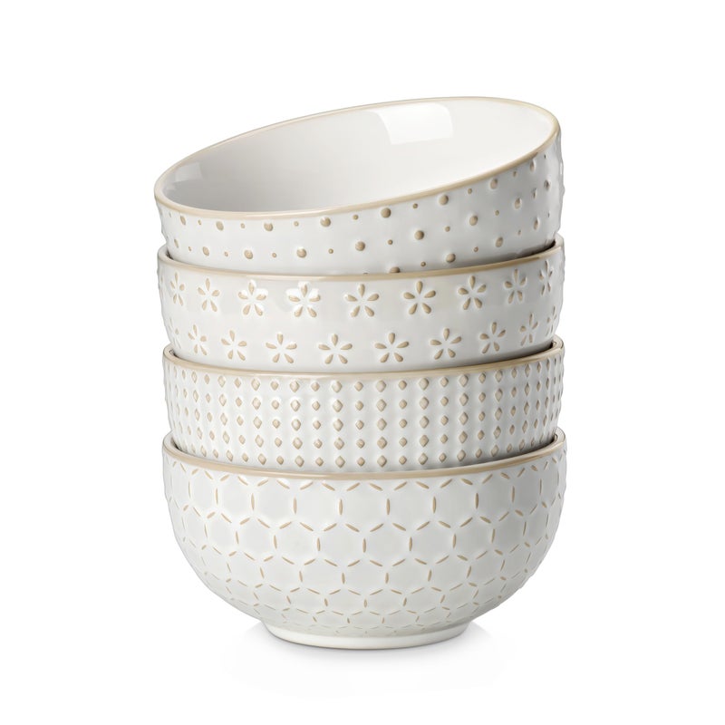 MALACASA Cereal Bowls, 30 Ounce Ceramic Soup Bowl for Kitchen, Stoneware Bowls Set of 4 with Embossment for Pho, Chip, Fruits, Salad, Noodle, Ramen - 6 Inch, Arctic White Series LYDIA - Image 1