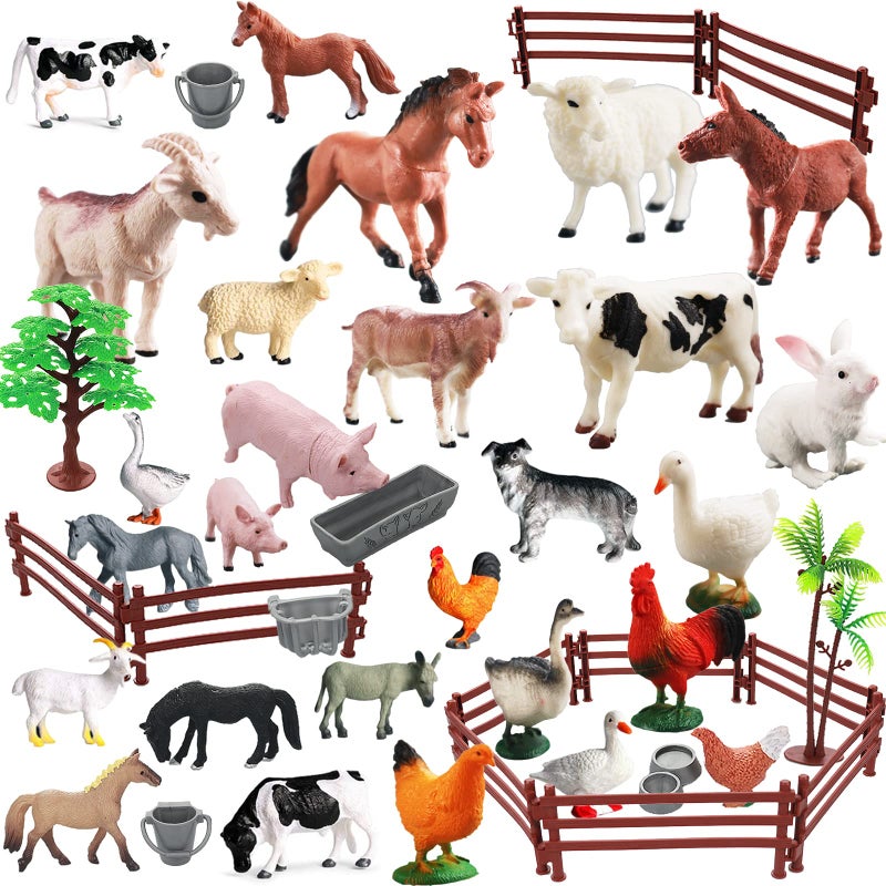 Yowlieu Realistic Farm Animal Figures Toys, 44 Pcs Plastic Farm Figurines Playset Includes Fences Mini Farm Animal Cake Topper Learning Toy Set for Kids & Toddlers - Image 1