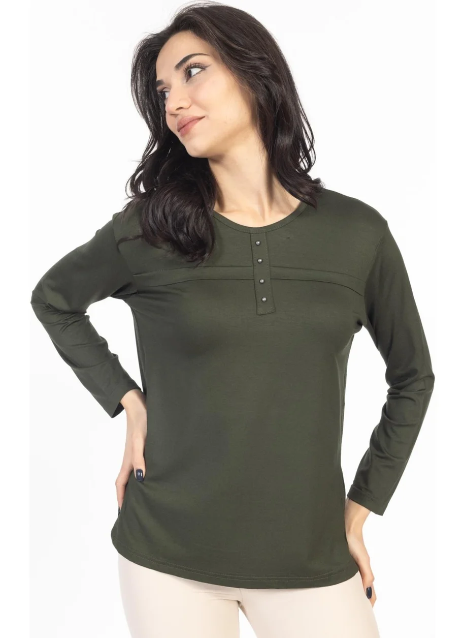 Mutlu City New Season 2024 Plain Pattern Round Neck Lycra Mother's Combed Cotton Blouse 6484