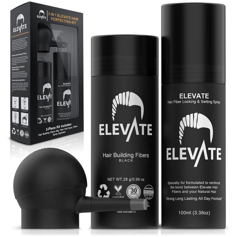 ELEVATE Hair Perfecting 3in1 Kit Set Includes Natural Hair Thickening Fibers  Spray Applicator Pump Nozzle  Locking Setting Hold Spray  Instantly Conceal Balding and Thinning Areas Black