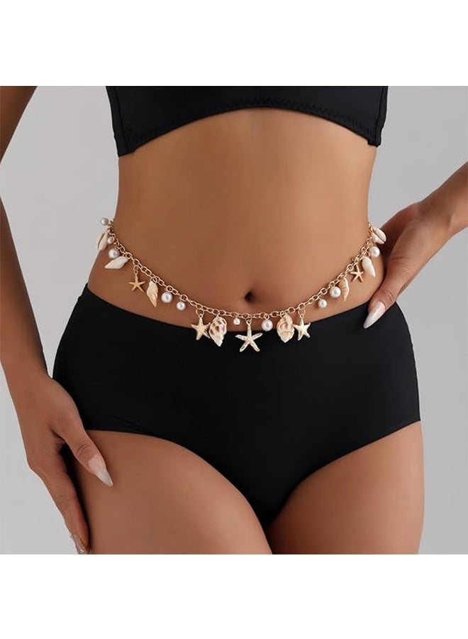 Seashell Starfish Women's Waist Chain, Pearl Belt Seashell Body Chain Bohemian Gold Starfish Shell Waterproof Summer Beach Body Jewelry - Image 3