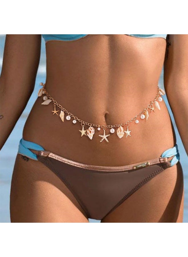 Seashell Starfish Women's Waist Chain, Pearl Belt Seashell Body Chain Bohemian Gold Starfish Shell Waterproof Summer Beach Body Jewelry - Image 4