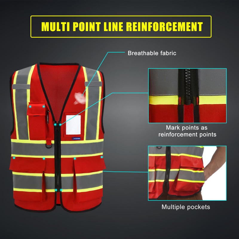 AYKRM 11 colors available safety vest red for women High Visibility Reflective Vest for Men Security with Pockets Zipper Front Meets ANSI/ISEA Standards - Image 4