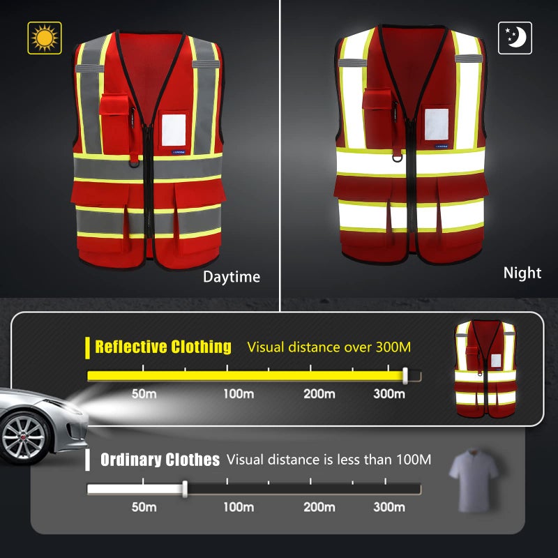 AYKRM 11 colors available safety vest red for women High Visibility Reflective Vest for Men Security with Pockets Zipper Front Meets ANSI/ISEA Standards - Image 3
