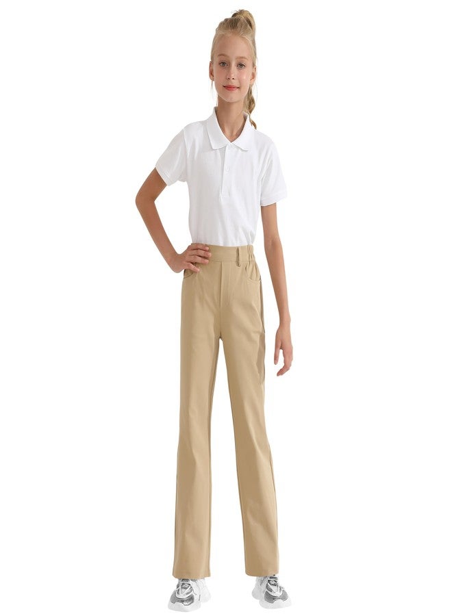 Dreammonkey Girls Flare Dress Pants Kids Bootcut School Uniform Slacks with Half Elastic Waist Size 6-15 Years, Khaki, 8-9 Years - Image 2