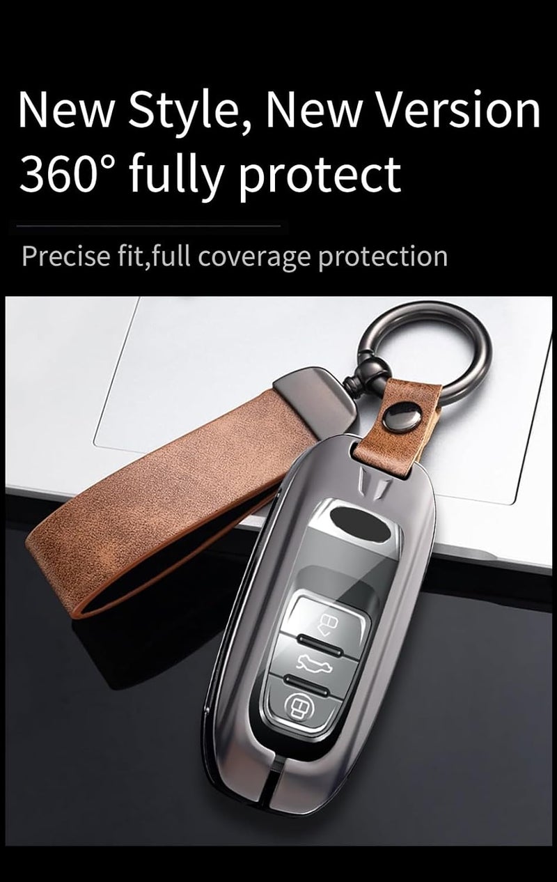 ontto Metal Leather Car Key Fob Cover for Audi Models - Key Holder Case with Keychain - Image 4