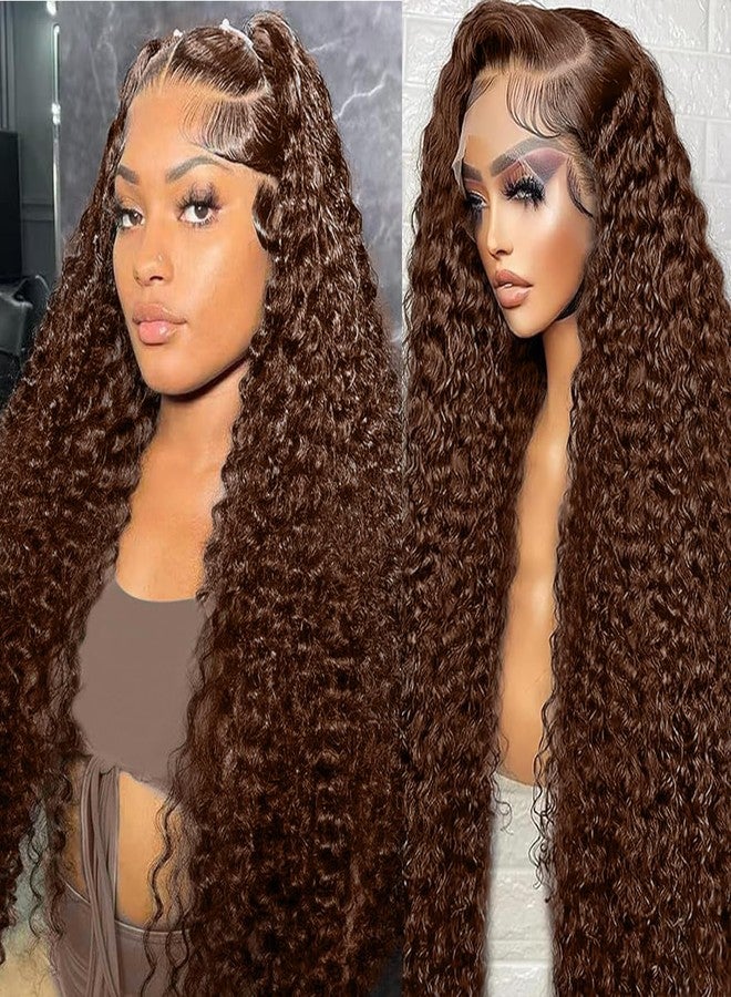 Bworto 30 Inch Chocolate Brown Deep Wave Lace Front Wigs Human Hair 13x6 Hd Curly Lace Frontal Wigs for Black Women Pre Plucked Wet and Wavy Glueless 4# Brown Color - Image 1