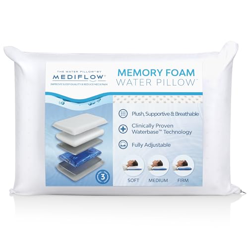Mediflow Water Pillow with Memory Foam — Adjustable Waterbase; One-Piece Foam; Clinically Shown to Reduce Neck Pain; Deep, Uninterrupted Sleep; Side/Back/Stomach Sleepers, Standard/Queen (Single Pack) - Image 1
