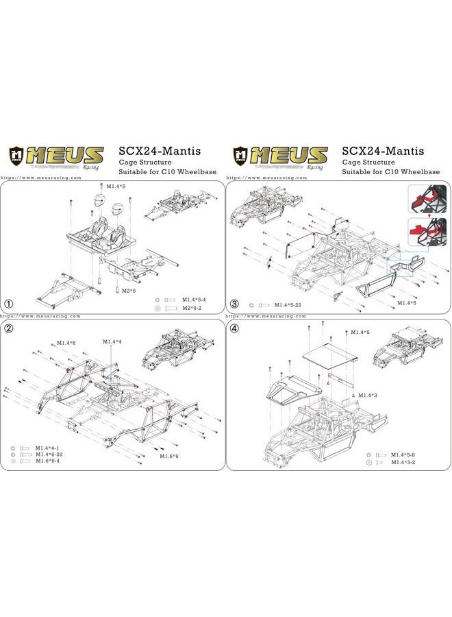 MEUS RACING هيكل مانتيس 24 مع قفص رول لسيارة أكسيال 1/24 SCX24 RC كراولر (وردي) - Image 3