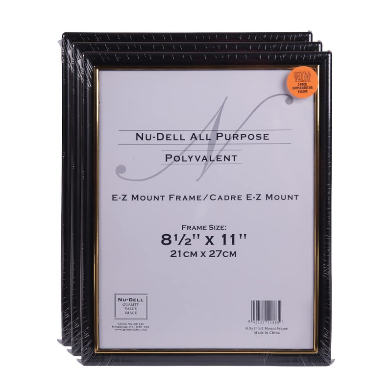 NuDell 3 85 x 11 Economy EZ Mount Document Frame with Plastic Face VALUE PACK Black w Gold Trim