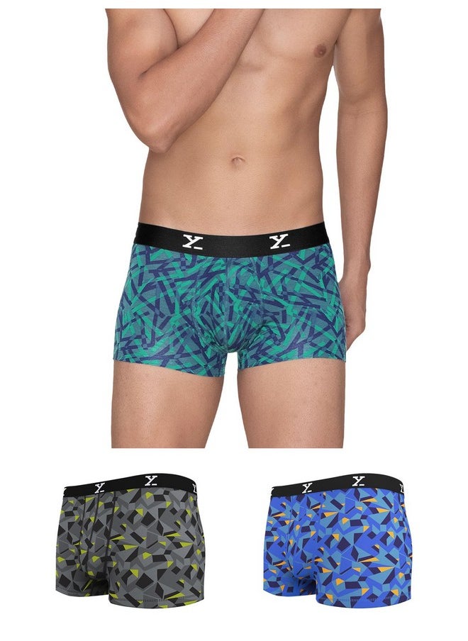 XYXX XYXX Men's Modal Slim Geometric Trunks (Pack of 3) (XY_R5_TRNK_03_Aqua Strokes Blue + Prism Grey_XL)  - Image 1