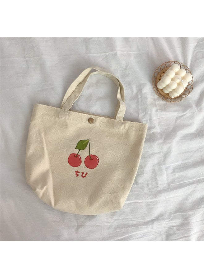 Fruit Printing Portable Canvas Bag Hand Carrying Small Square Bag Solid Color Cute Korean Soft Cute Breakfast Bag Bento Environmental Protection Bag-Color:Beige Cherry - Image 1