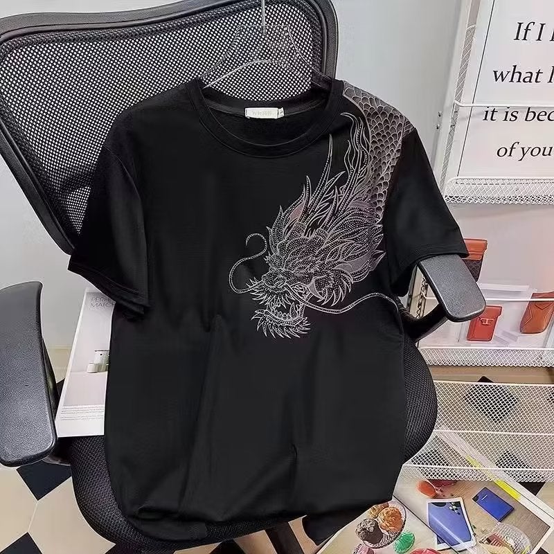 Spiritual Boy Drilling Shoulder Dragon Short-Sleeved T-Shirt Men'S Half-Sleeved T-Shirt Internet Popular Same Style Fashionable Brand Short-Sleeved Men'S - Image 3