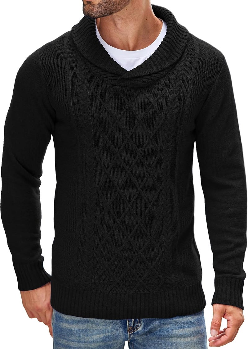 COOFANDY Men's Shawl Collar V-Neck Cable Knit Pullover Sweater - Black, XL - Image 1
